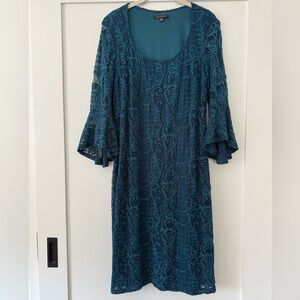 Special occasion teal stretch lace dress by Marina, size 12/14